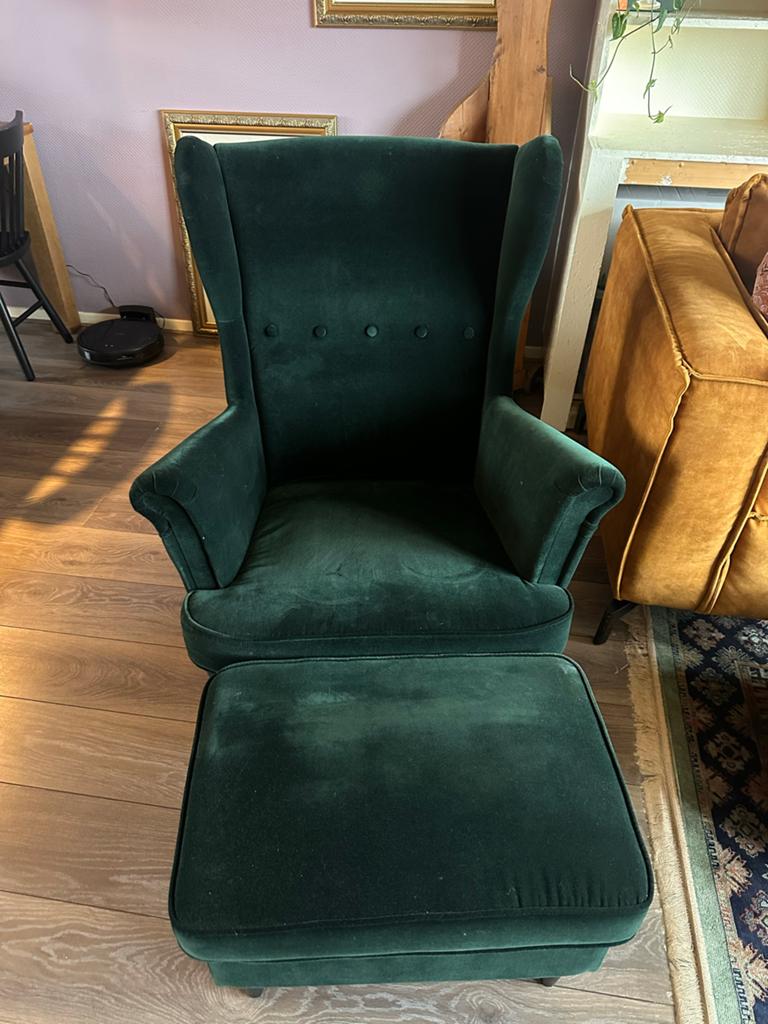 IKEA fauteuil velvet met hocker., Ophalen, Gebruikt, 75 tot 100 cm, Stof