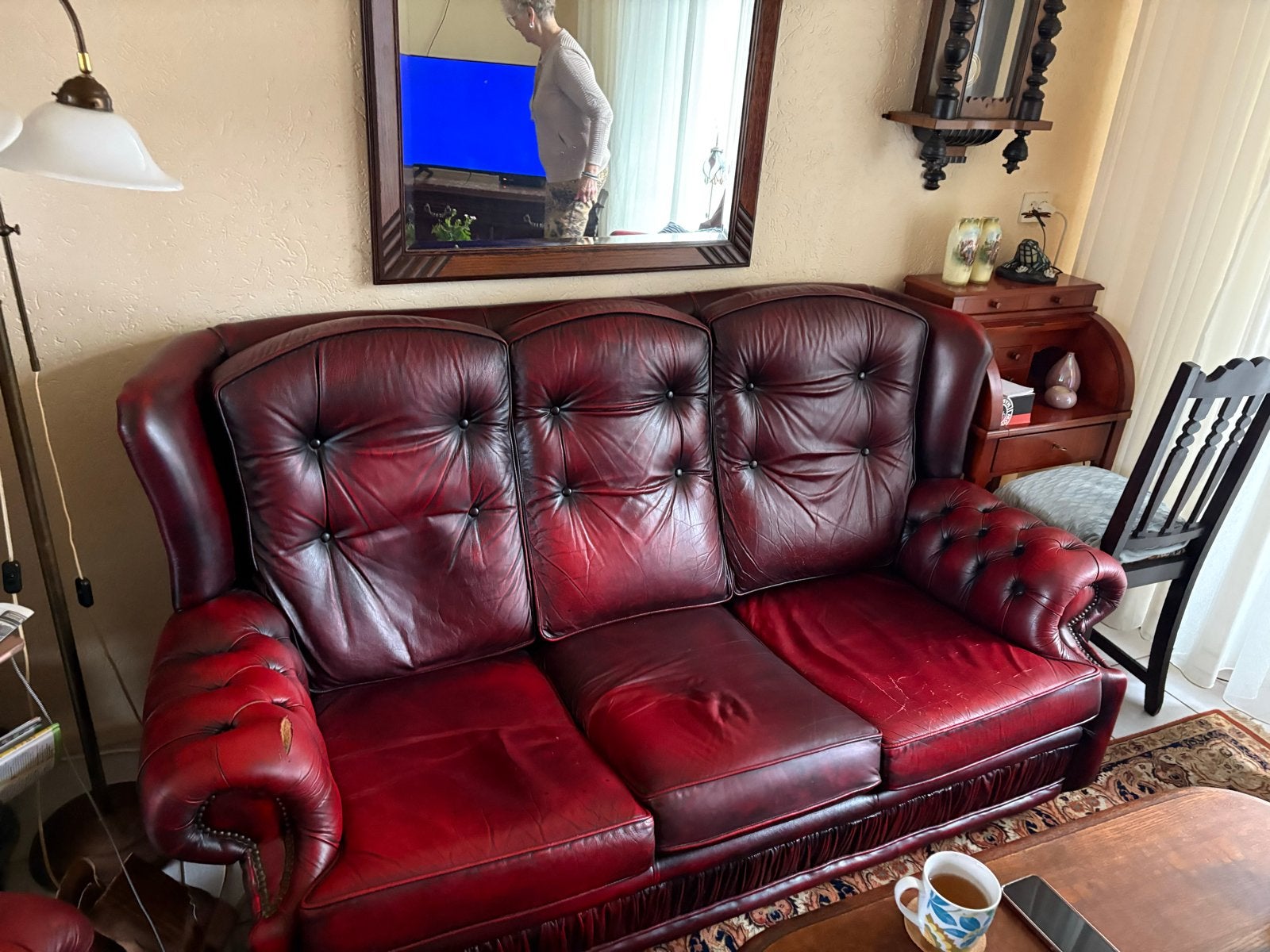 Leren 3-zitsbank en fauteuils, klassieke stijl chesterfield, Huis en Inrichting, Ophalen, Gebruikt, Driepersoons, Rechte bank
