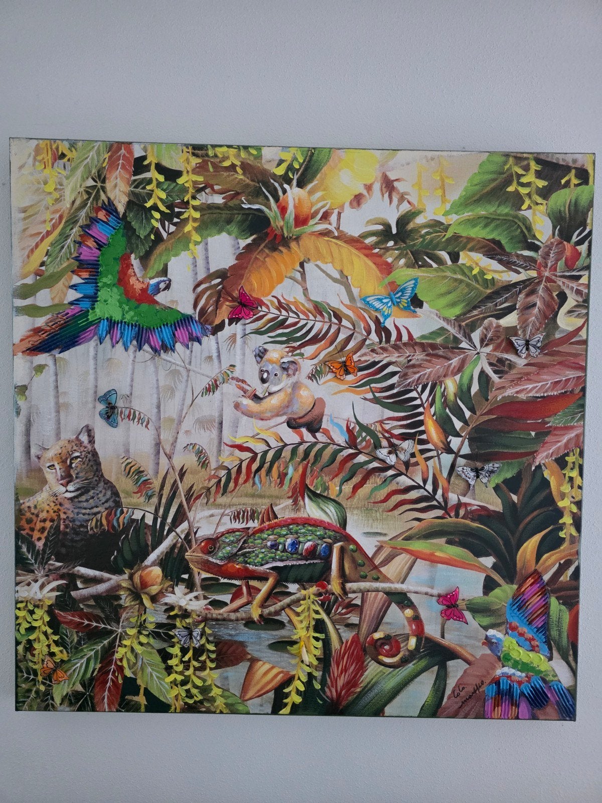 Kleurrijk jungle schilderij met dieren en 3D-effecten, Ophalen, Gesigneerd, Dieren, Gemengde techniek