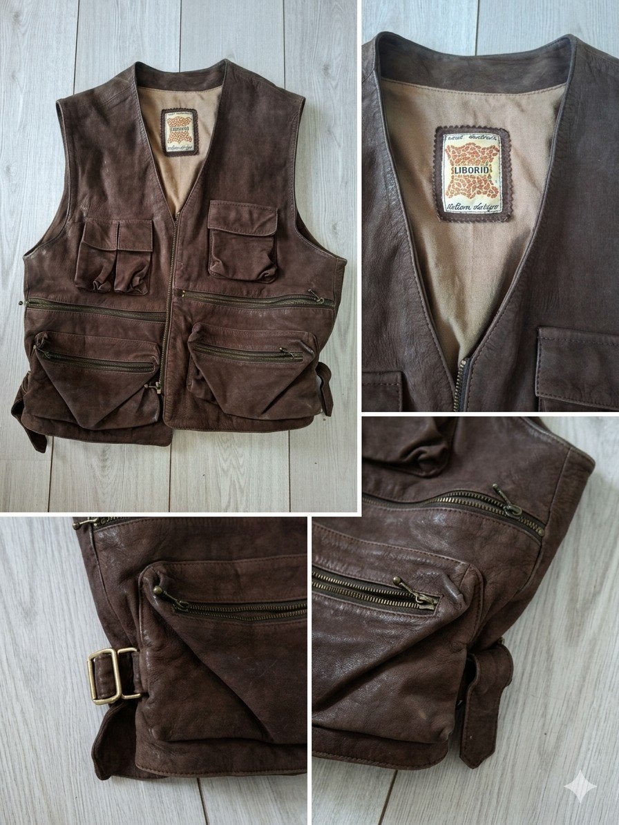 Stoer Leren Safari / Hunting Vest - Liborio Italian Design, Kleding | Heren, Ophalen of Verzenden, Zo goed als nieuw, Bruin