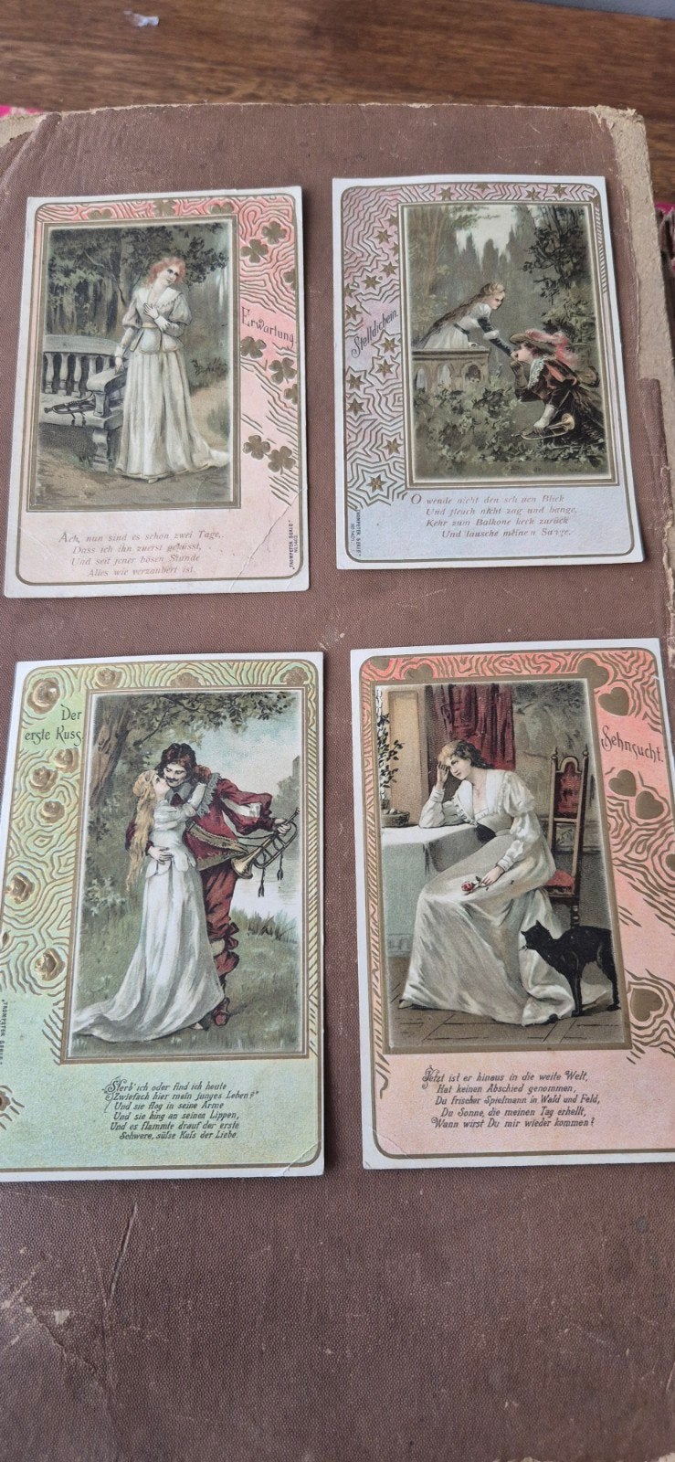 Set van 4 antieke Duitse ansichtkaarten - Romantische kaarte, Ophalen of Verzenden