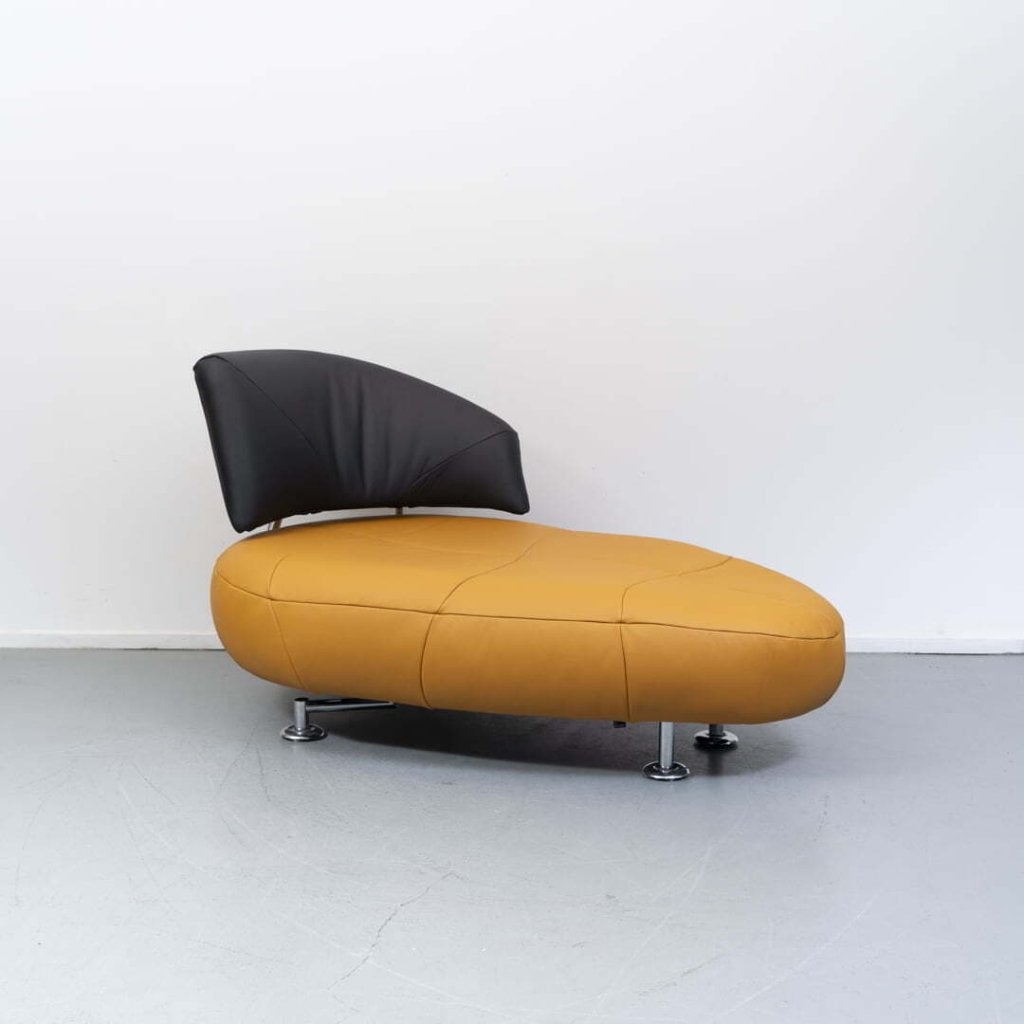 Leolux Kikko Chaise Longue Fauteuil Geel/Zwart Leer, Niet ingevuld, Zo goed als nieuw, Niet ingevuld, Niet ingevuld