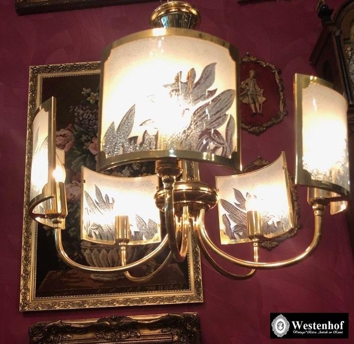 Hanglamp klassiek kroonluchter goud glasplaats art deco, Ophalen of Verzenden, Glas, Vintage / art deco / klassiek, Minder dan 50 cm
