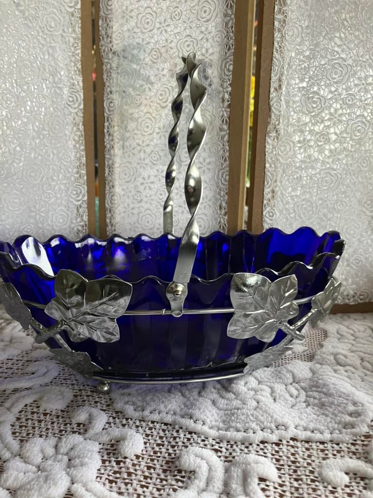 Mooie Kobaltblauwe schaal in houder inklapbare handvat, Antiek en Kunst, Curiosa en Brocante, Ophalen of Verzenden