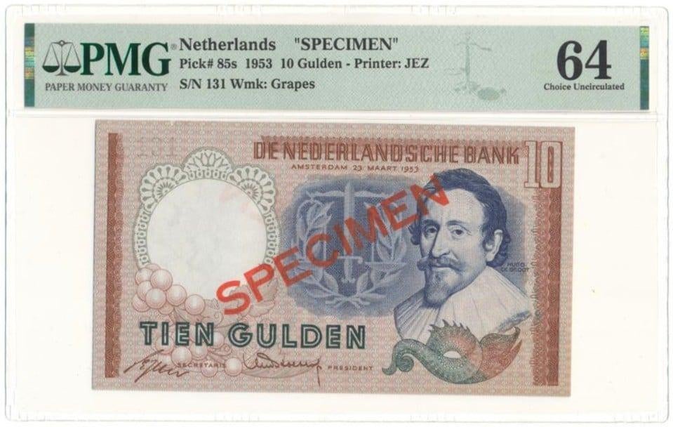 Nederland 10 gulden 1953 Hugo de Groot Specimen PMG64, Ophalen of Verzenden, 10 gulden, Los biljet