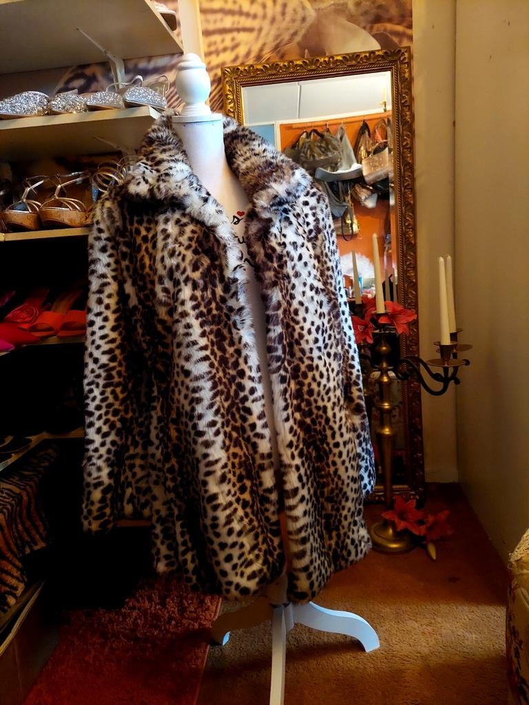 Bontjas nepbont panterprint, Kleding | Dames, Jassen | Winter, Ophalen of Verzenden, Zo goed als nieuw, Maat 42/44 (L), Bruin