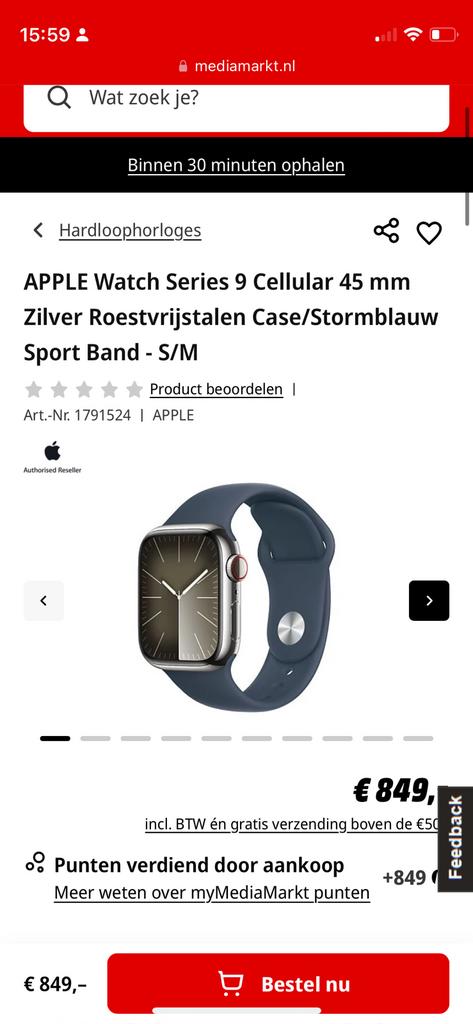 APPLE Watch Series 9 Cellular 45 mm Zilver Roestvrijstalen, Apple, Apple, IOS, Ophalen of Verzenden