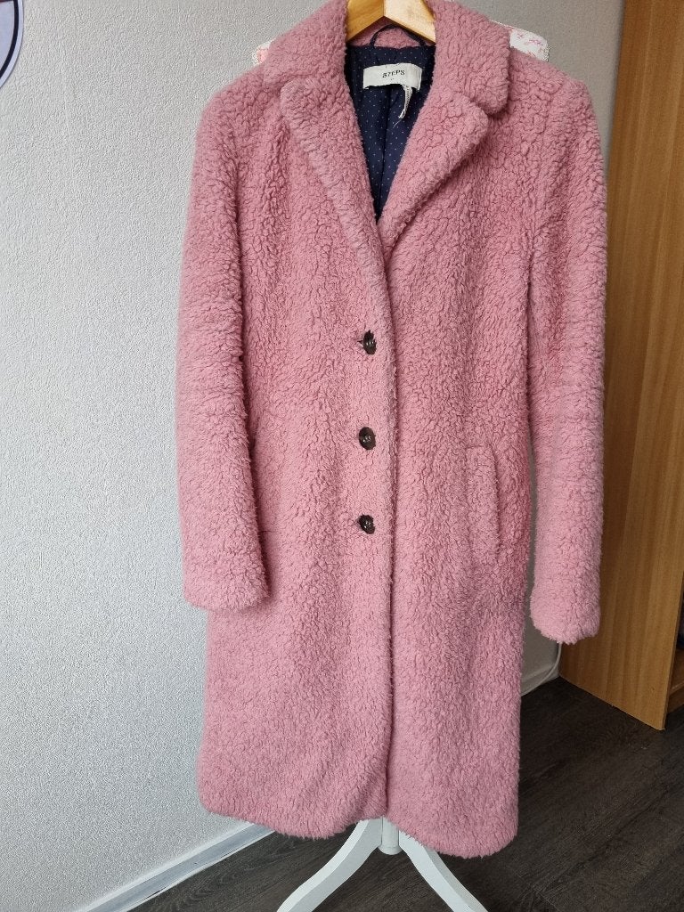 Lange Roze Wollen Teddy Winter Jas van Steps 34/36 + Sjaal, STEPS EN H&M, Verzenden, Roze, Maat 36 (S)