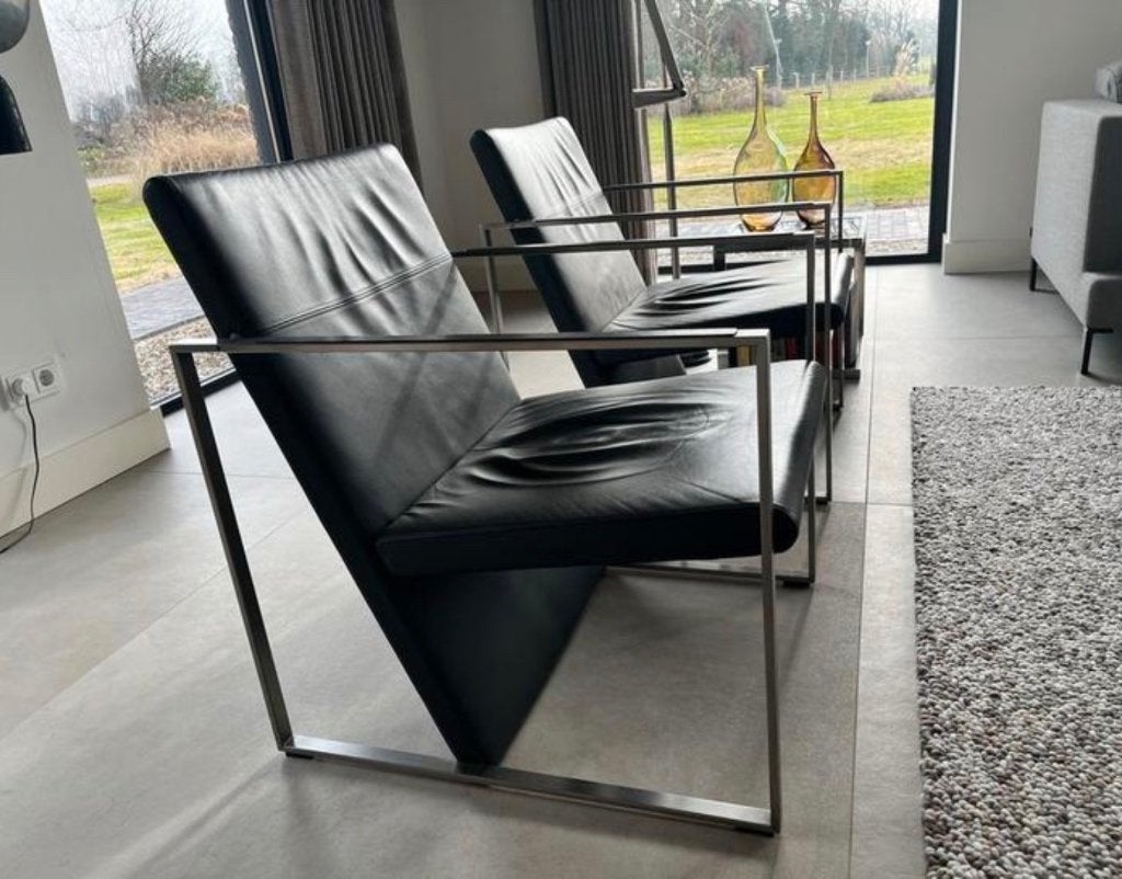 2x Arco Spine fauteuils Grijs leer mooie staat, Ophalen, Zo goed als nieuw, 50 tot 75 cm, Leer