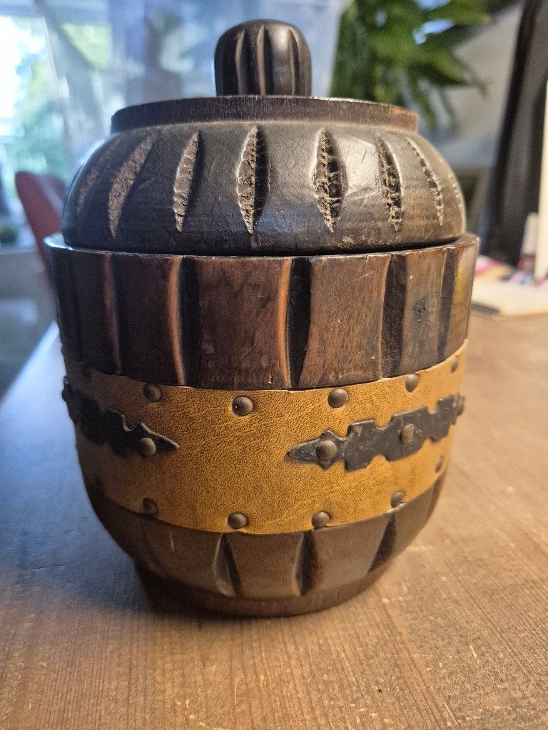 Decoratieve Houten Pot met Lederen Band, Ophalen