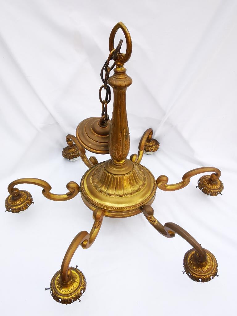 Vintage Brons Kroonluchter lamp 5-arms Matglas Bloemenkap, Ophalen of Verzenden, Zo goed als nieuw, Glas