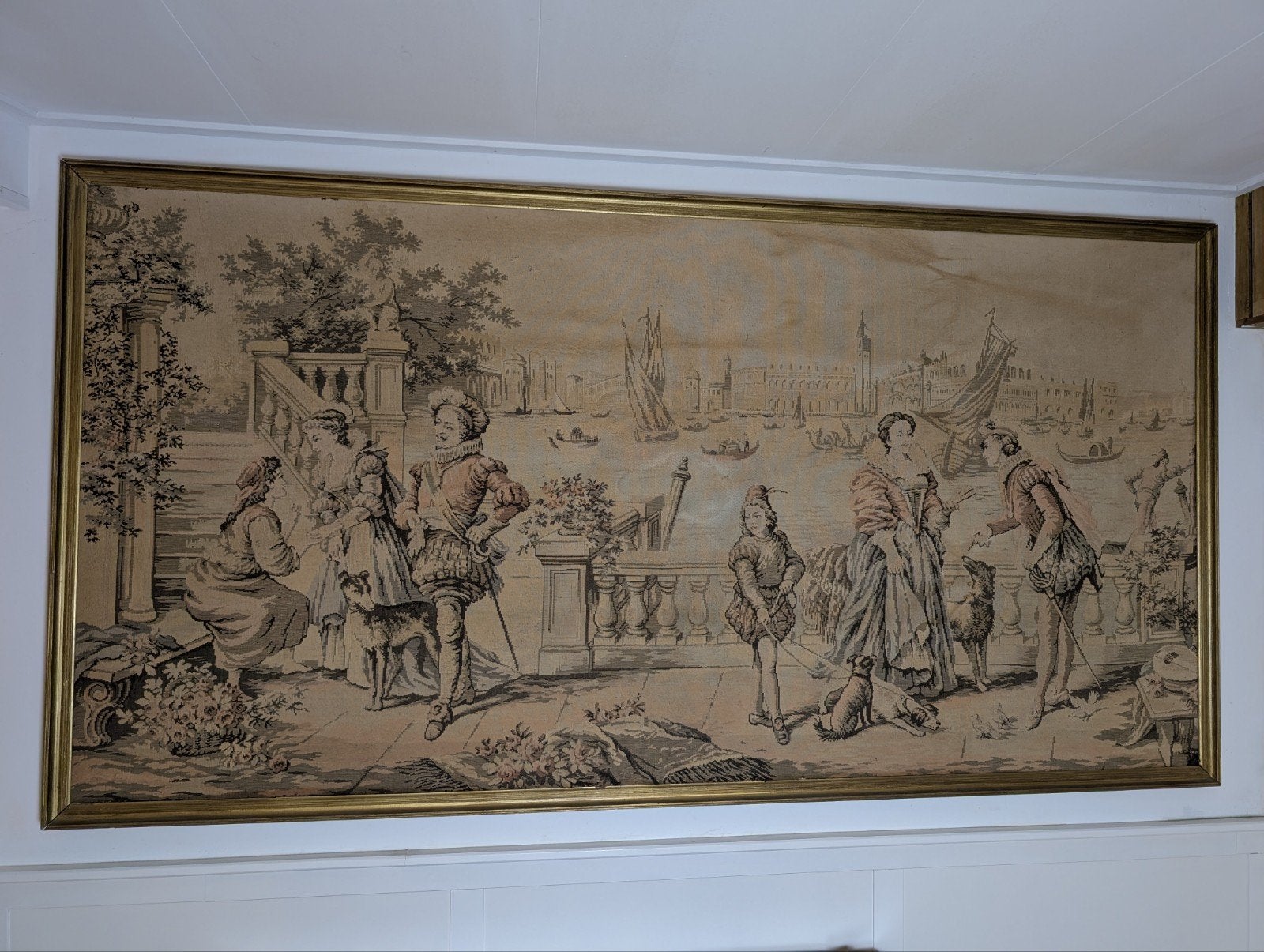 Groot ingelijst wandtapijt göbelin 245x130 cm - Venetia, Antiek en Kunst, Ophalen