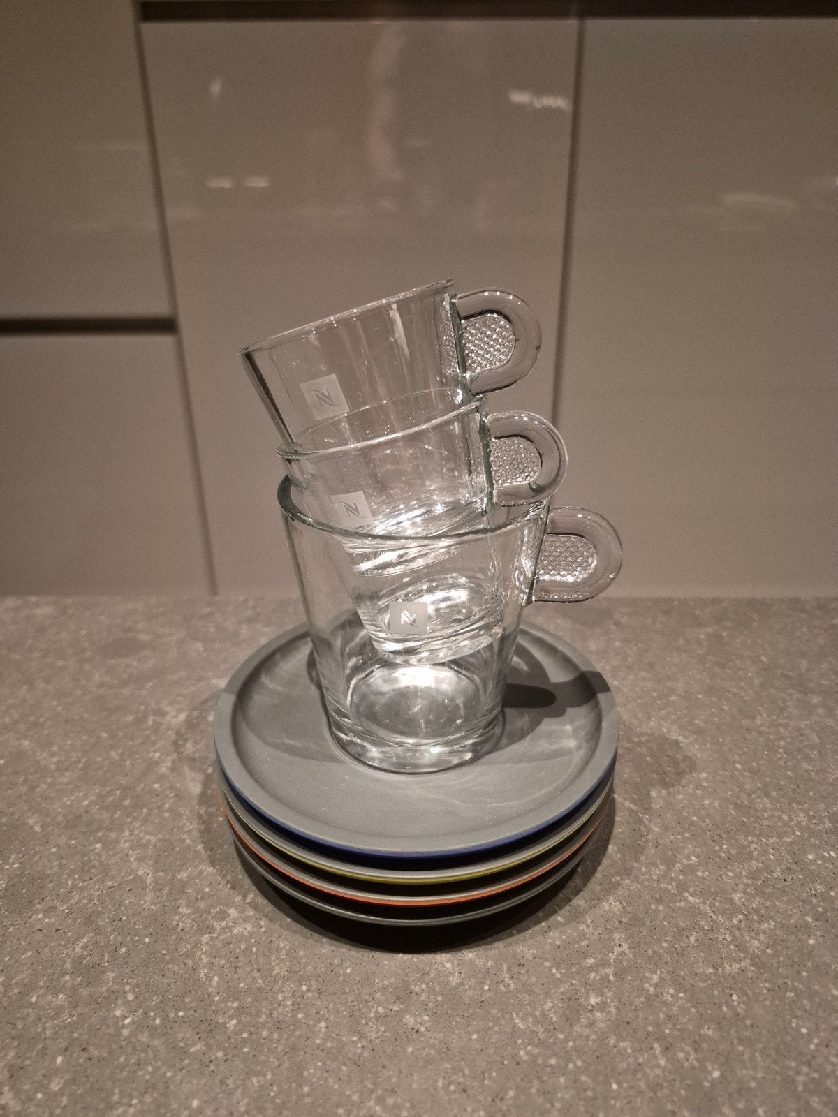 Nespresso kopjes en schoteltjes - 2x espresso, 1x lungo, Gebruikt, Overige merken, Ophalen of Verzenden, Glas