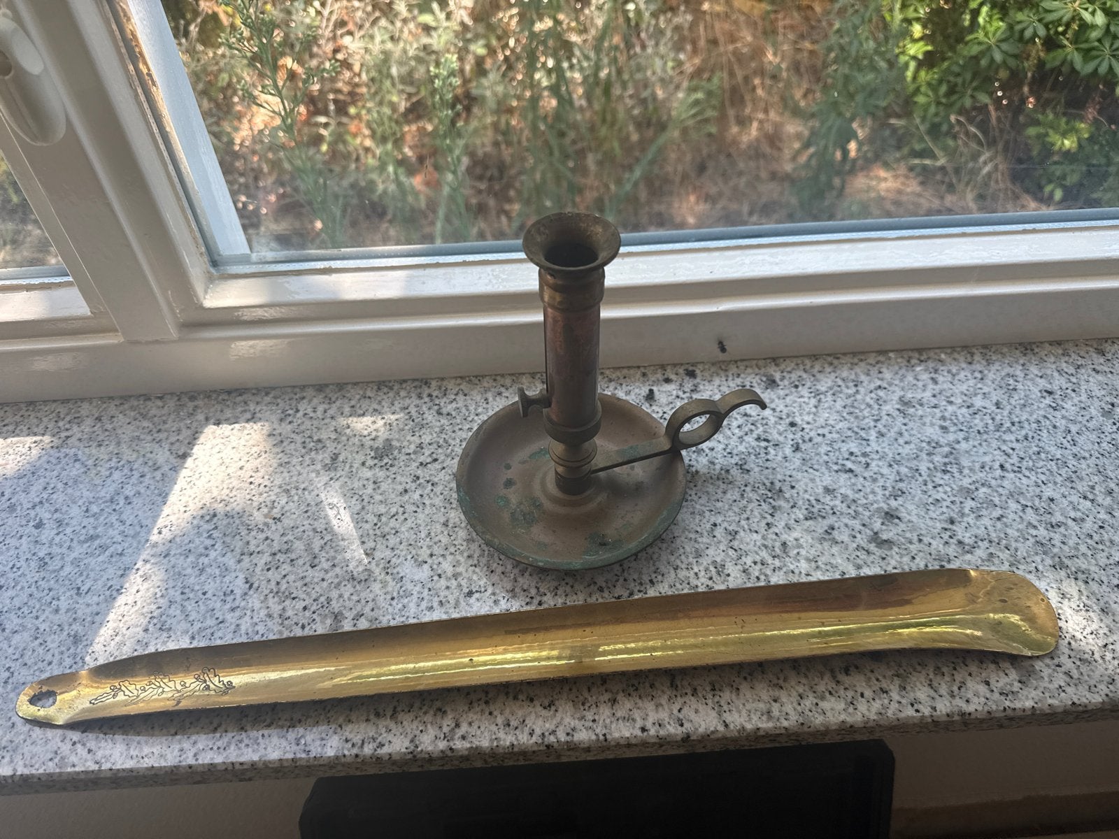 Koperen schoenlepel en kandelaar, Ophalen, Koper of Brons