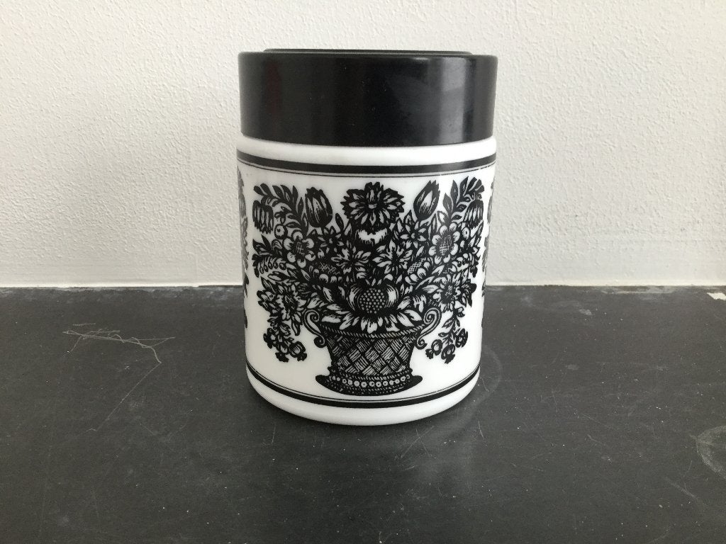 Echt Opal voorraadpot met zwart-witte bloemendecoratie, Verzamelen, Ophalen of Verzenden, Huis en Inrichting