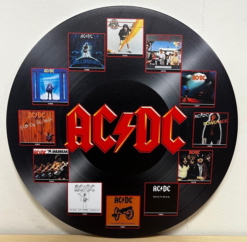 ACDC Collage vinyl rond reclamebord van metaal wandbord, Info@deconoord.nl, Deco Noord, Nieuw, Ophalen of Verzenden