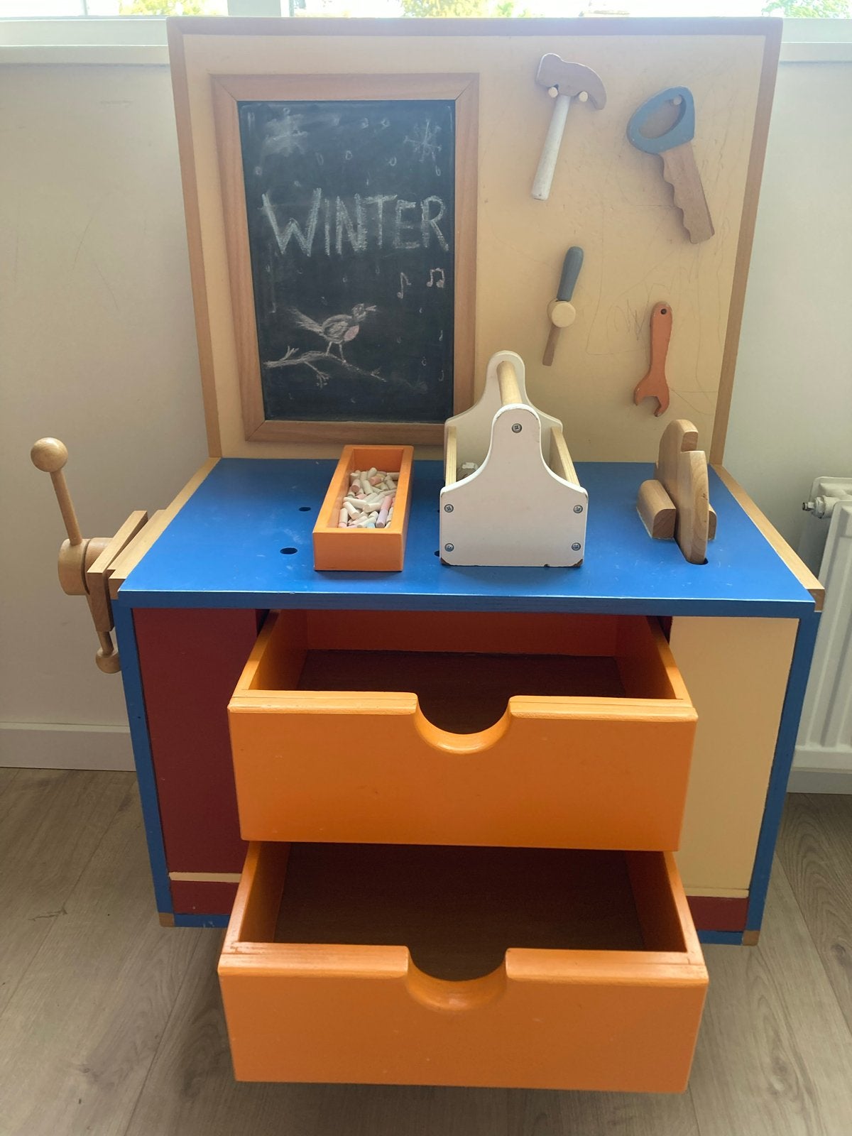 Handgemaakte massief houten kinder werkbank met gereedschap, Ophalen, Gebruikt, Bouwen