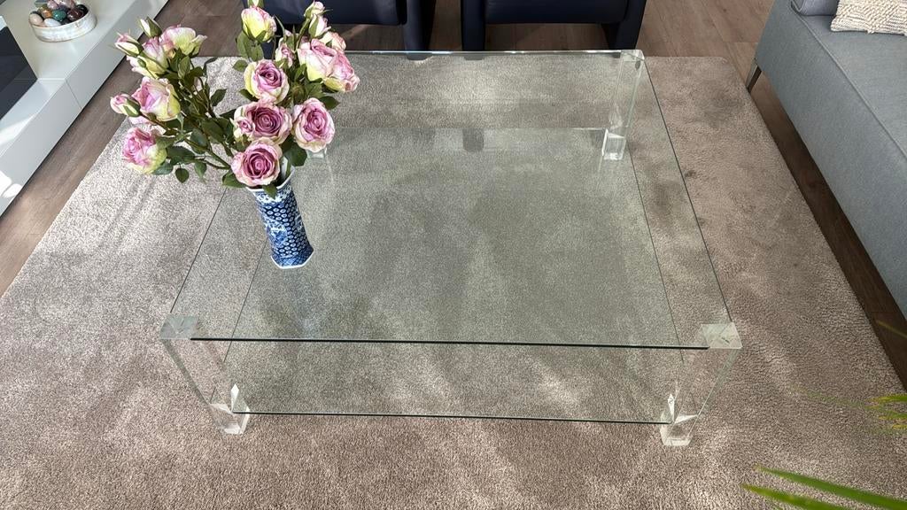 Glazen salontafel, Bor/the Hague, 110x110 cm, Huis en Inrichting, Tafels | Salontafels, Ophalen, Gebruikt, Vierkant, Glas