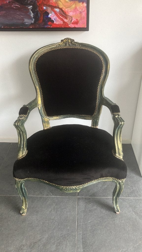 Brokante stoel voor tieners of kleinere volwassenen, Ophalen, Gebruikt, Barok brocante, Zwart