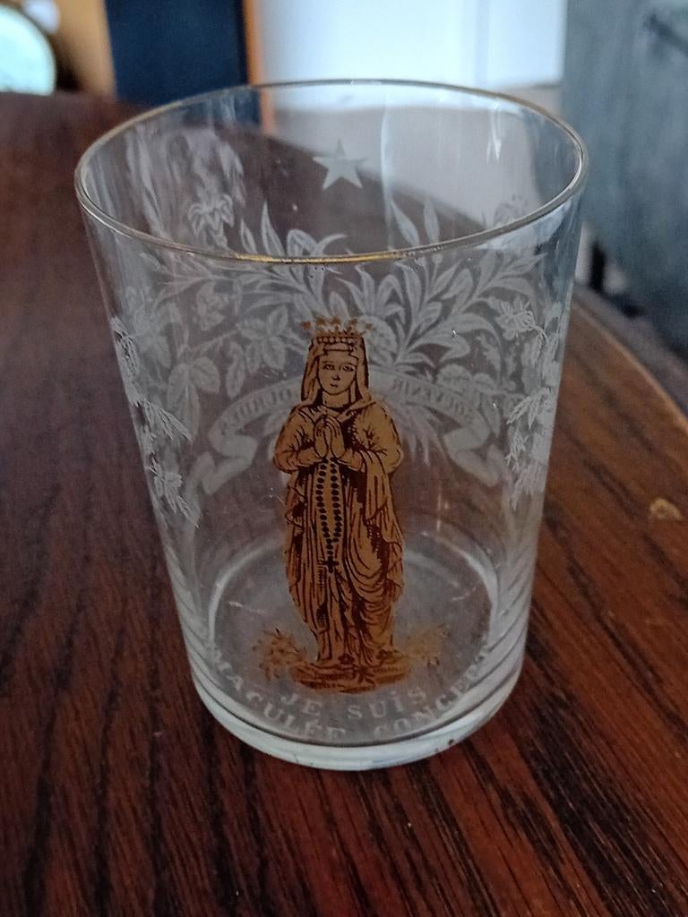 Antiek Lourdes glas met maagd maria, Antiek en Kunst, Ophalen of Verzenden