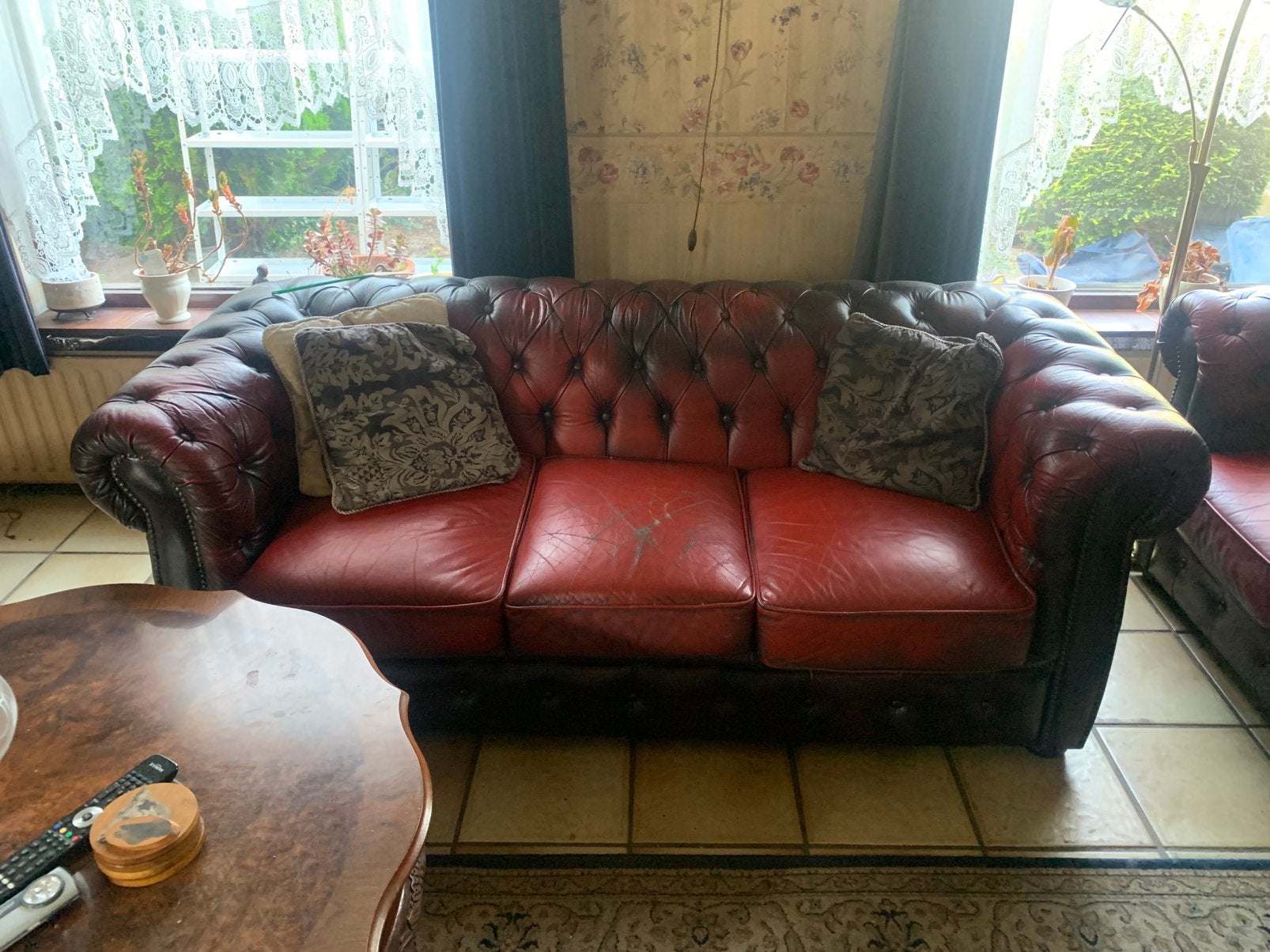 Bankstel oxblood rood Rochester Chesterfield bankstel, Verzenden, Zo goed als nieuw, Vierpersoons of meer, Leer