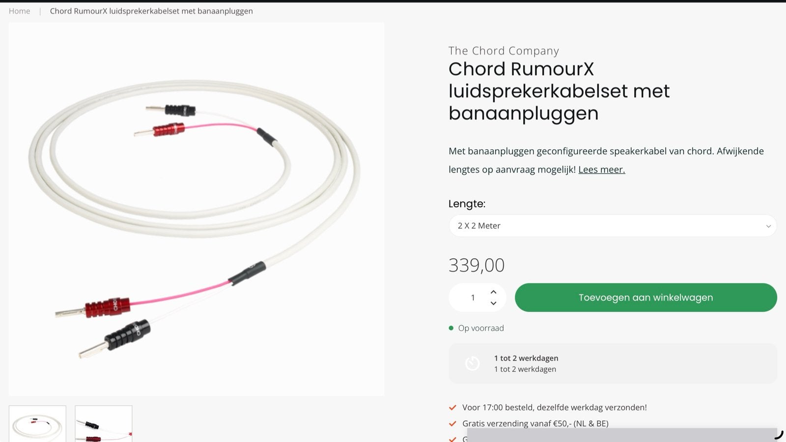 Chord RumourX Luidsprekerkabelset met banaanpluggen, Ophalen of Verzenden, Nieuw, 2 tot 5 meter, Luidsprekerkabel