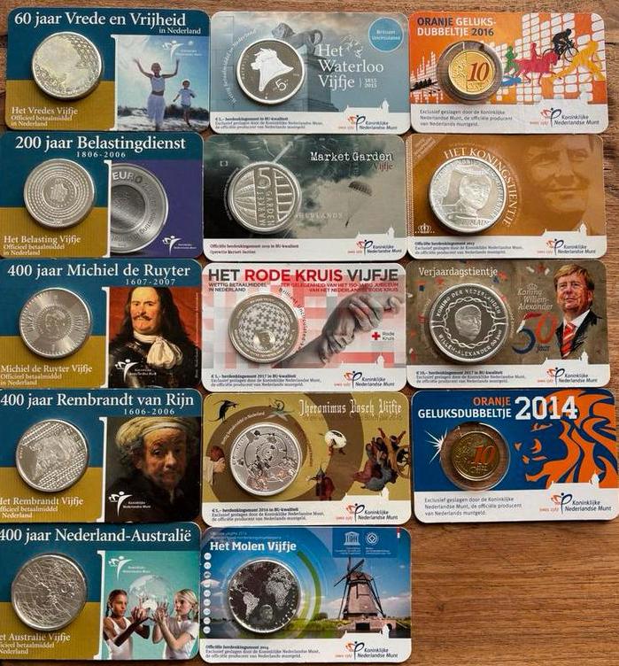 14 Coincards: 5 Zilver, 5 BU Kwaliteit - Diverse Thema's, Setje, Koningin Beatrix, Zilver, Euro's