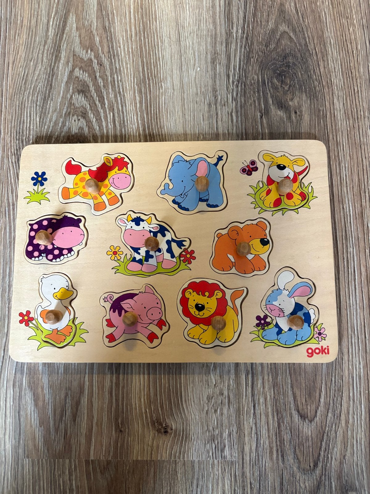 Goki houten dierenpuzzel met knoppen voor peuters, Kinderen en Baby's, Ophalen of Verzenden, Zo goed als nieuw, Overige typen