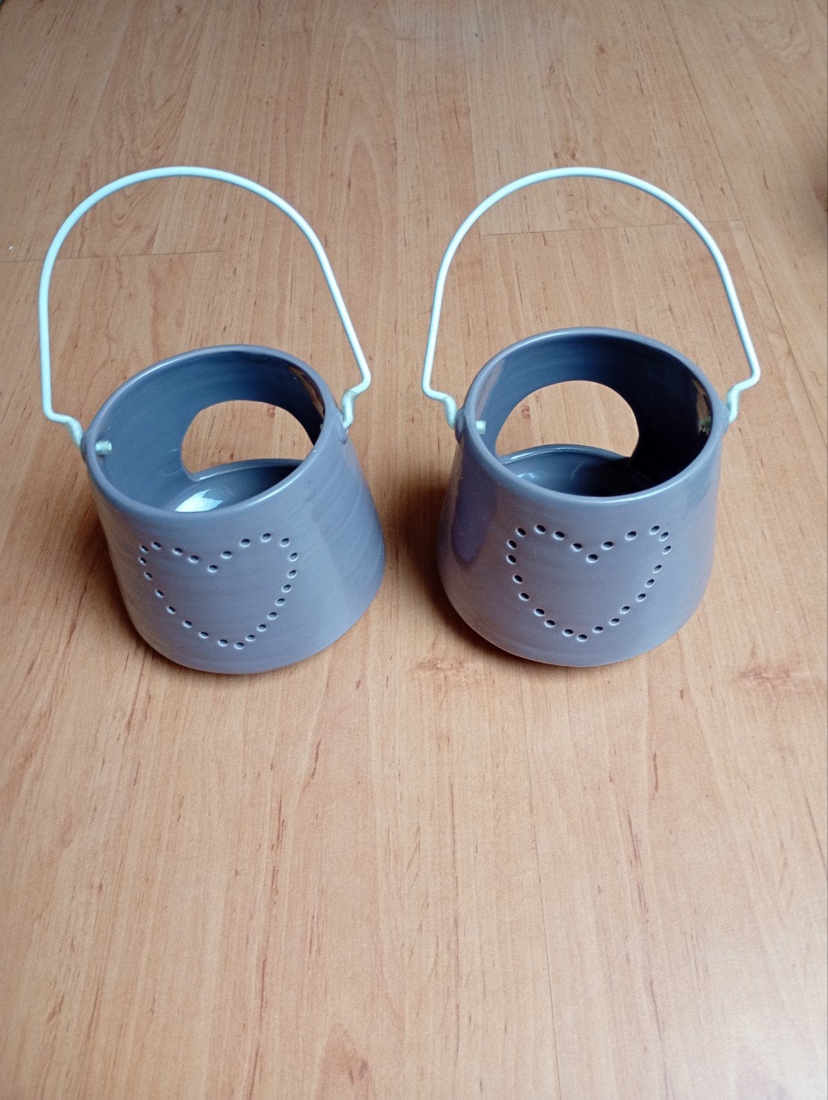 Set van 2 taupe windlichtjes - ca. 15 cm hoog, Huis en Inrichting, Windlicht, Gebruikt, Ophalen of Verzenden, 15 cm