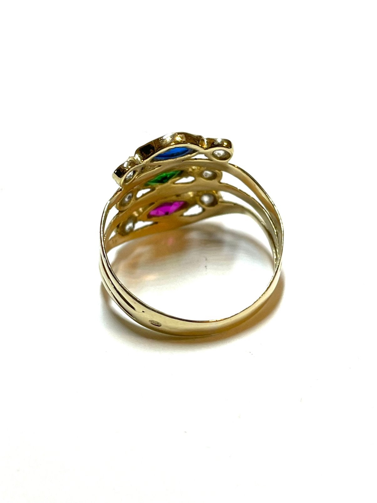 14k gouden ring met saffier, smaragd, robijn en zirkonia, -, -, Ophalen of Verzenden, Zo goed als nieuw