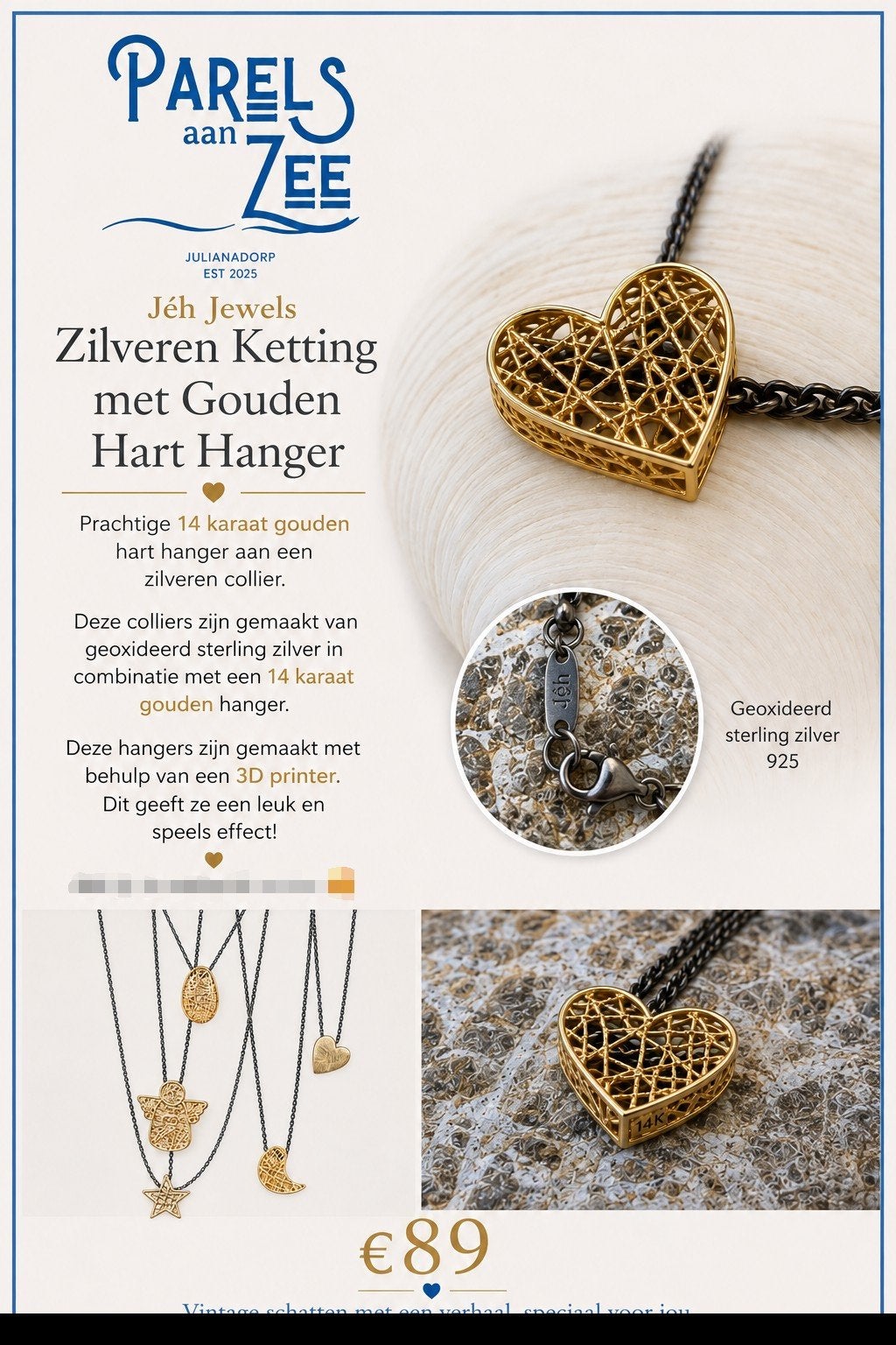 Zilveren Ketting met 14 Kt Gouden Hangertje Jéh Jewels, Met hanger, Nieuw, Ophalen of Verzenden, Zilver
