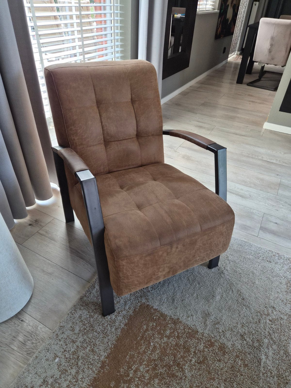 Fauteuil Metaal Cognac Leer, Huis en Inrichting, Fauteuils, Modern, Industrieel, 75 tot 100 cm, Ophalen of Verzenden, Zo goed als nieuw