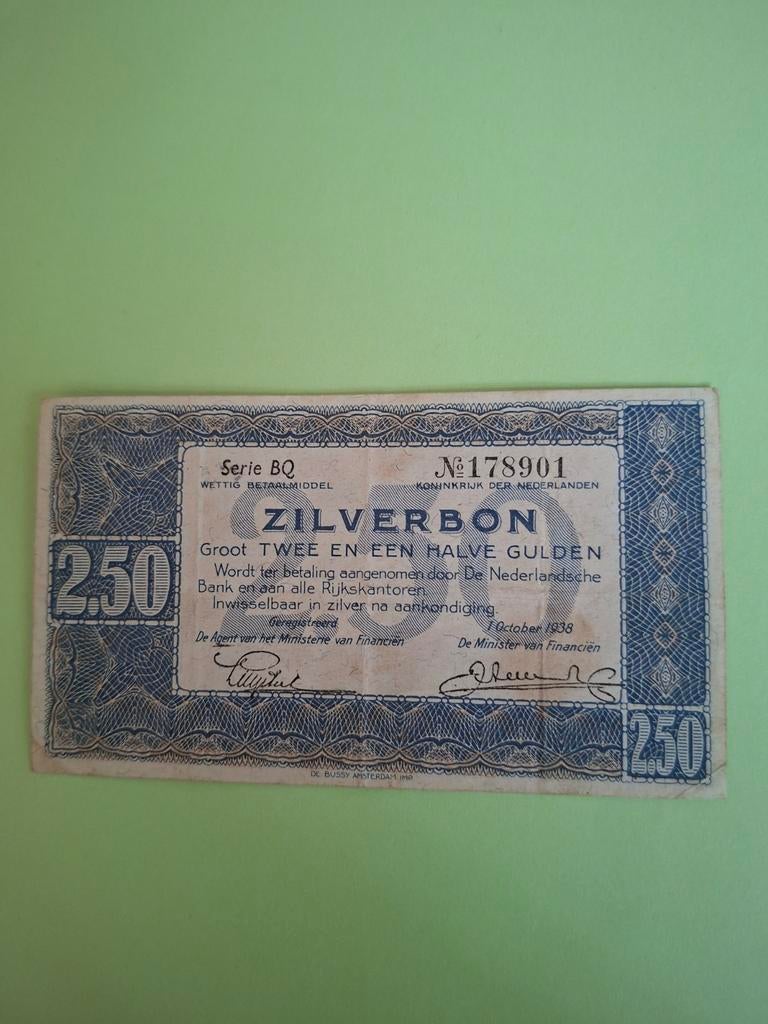 2,5 gulden Zilverbon uit 1938 in PR-
Serie BQ, Ophalen of Verzenden, 2½ gulden, Los biljet