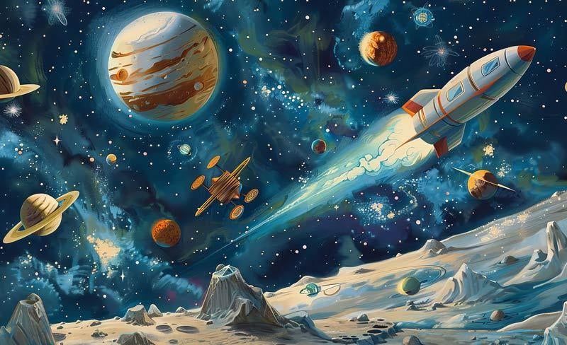 Fotobehang Ruimte - Planeten - Kinderkamer - Space Adventure, Minder dan 10 m², Info@fotobehangkoning.nl, Kinderkamer, Fotobehangkoning.nl