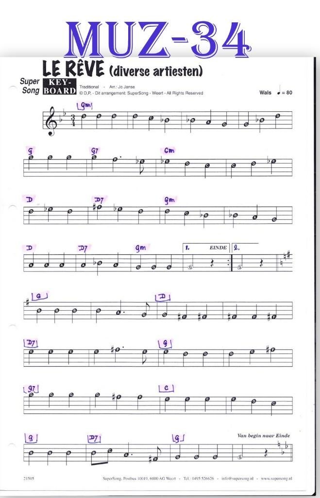 Muz34 Bladmuziek Super song Le Reve, Gebruikt, Ophalen of Verzenden, Artiest of Componist, Piano