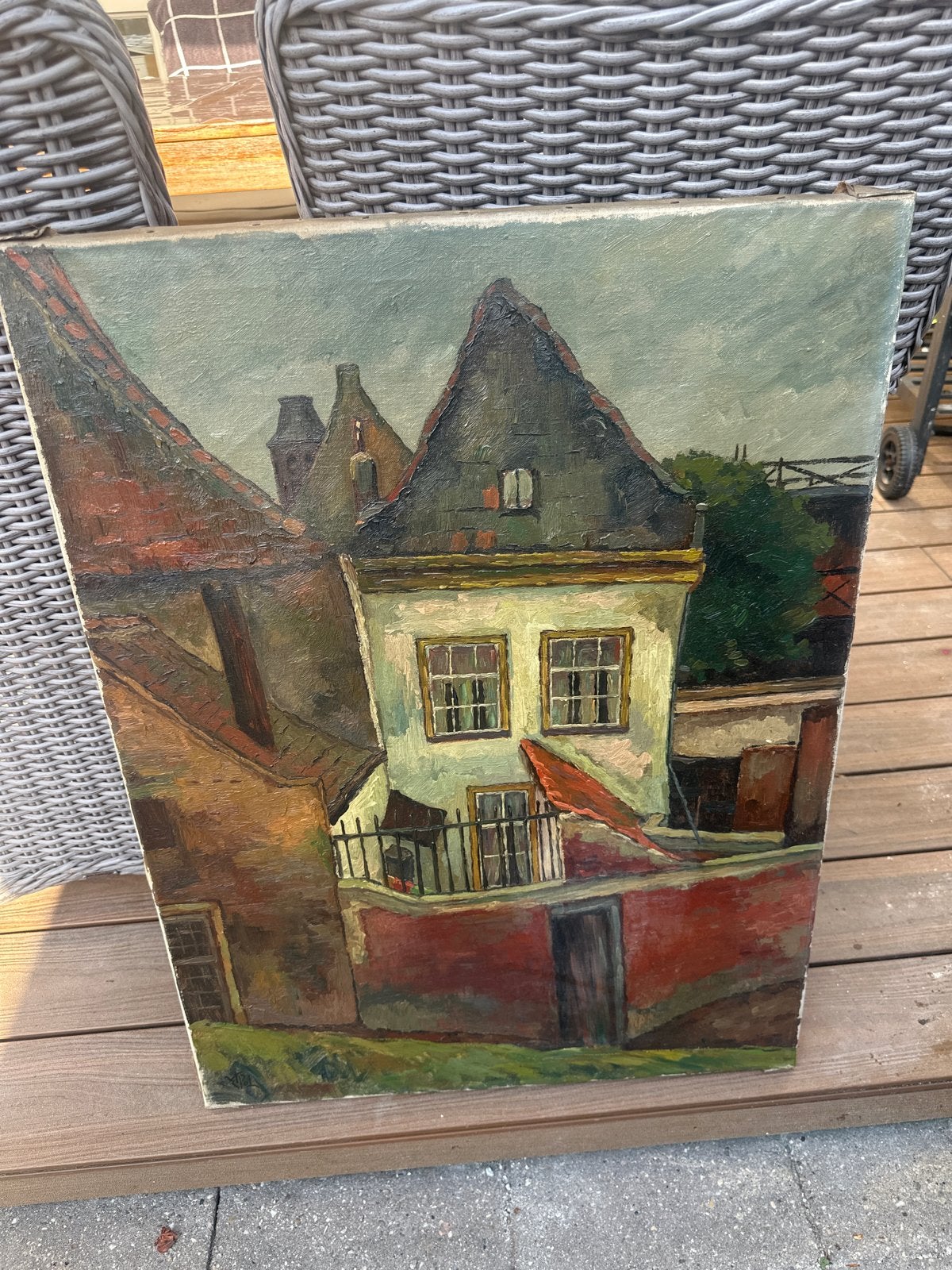 Olieverfschilderij: Stadsgezicht met oude huizen, Antiek en Kunst, Kunst | Schilderijen | Klassiek, Ophalen, Doek, Realistisch
