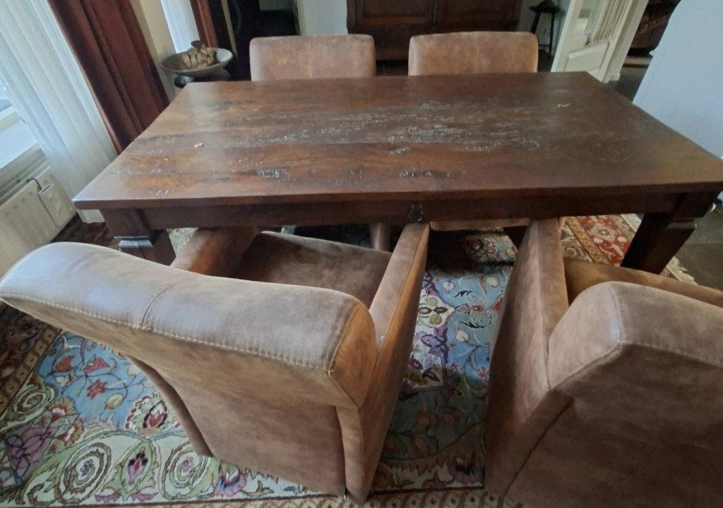 complete eethoek met 4 stoelen alcamara met wieltjes, Ophalen, Gebruikt, 4 tot 6 stoelen
