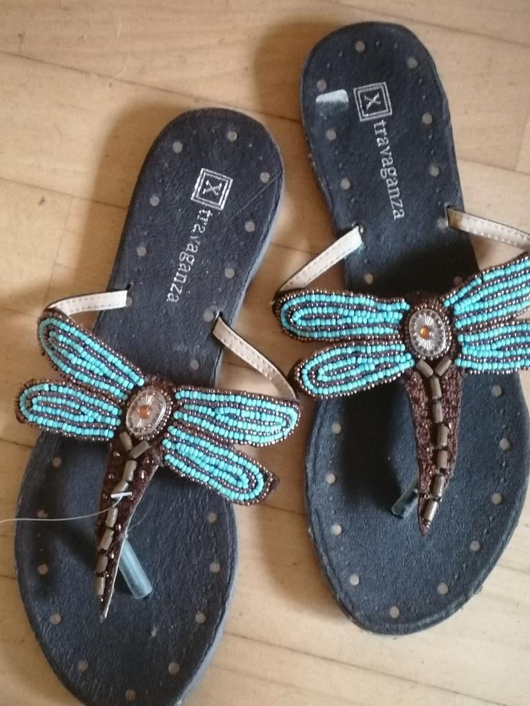 Travaganza nieuwe leren slippers bruin turquoise libelle 36, Slippers, Bruin, Travaganza, Nieuw