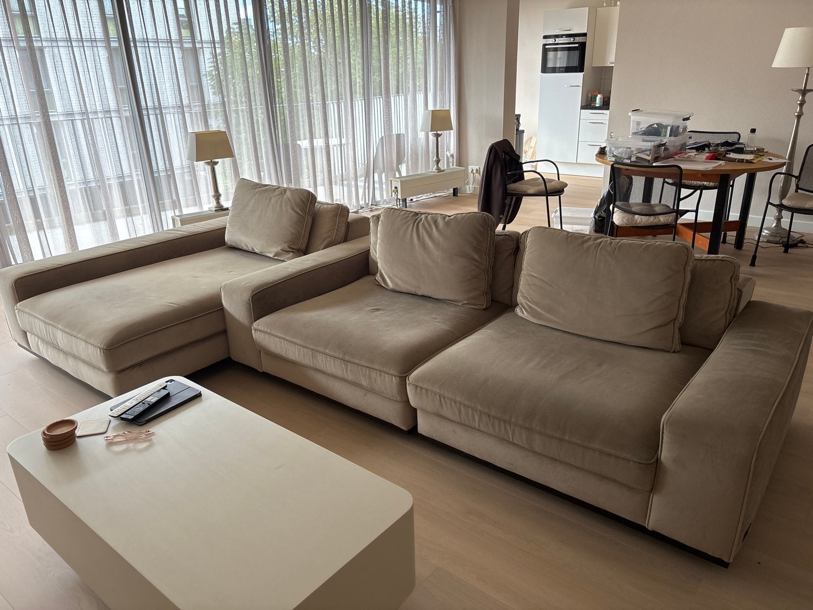 PTMD bank met Chaise Longue - Beige, Ophalen, Gebruikt, Hoekbank, 200 tot 250 cm