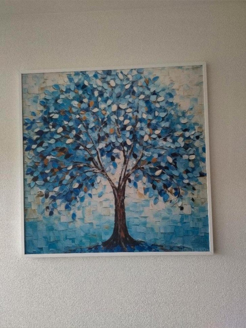 Schilderij 'Levensboom' met blauwe bladeren, Ophalen of Verzenden