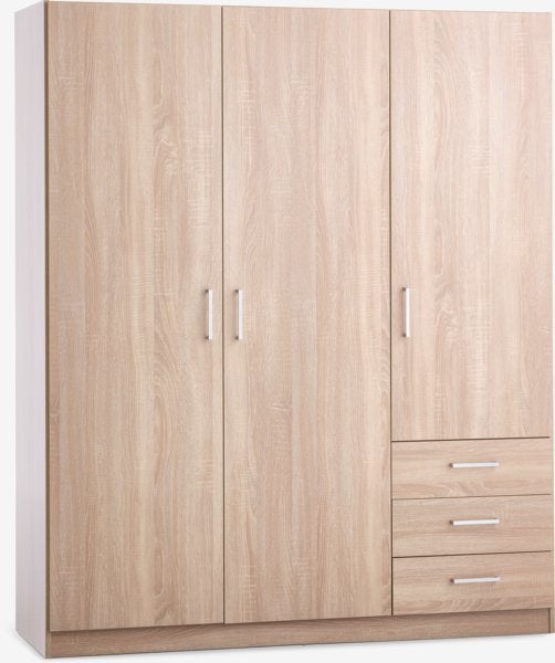 Kledingkast 145x176 3 deuren 3 lades licht eiken, Gebruikt, 100 tot 150 cm, Eikenhout, Houten