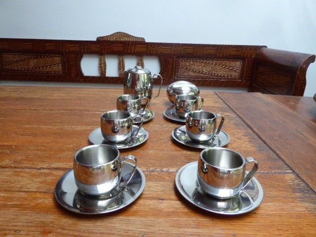 6 r.v.s. espressokopjes +schoteltjes en roomstelletje, Ophalen of Verzenden