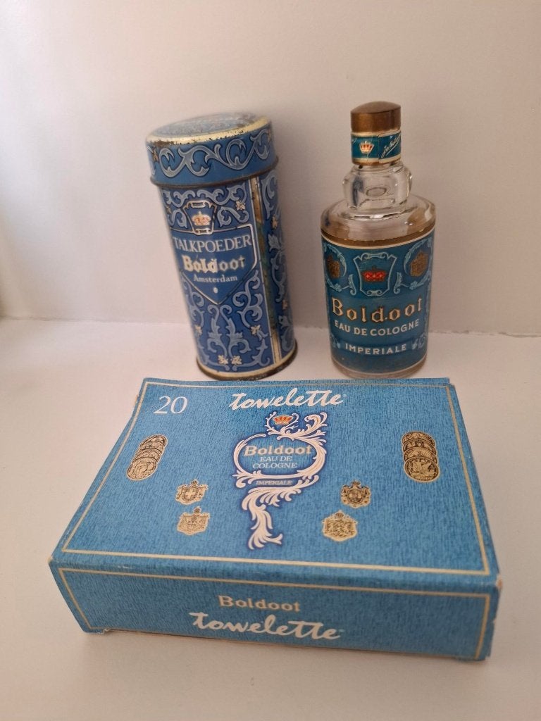 Boldoot fles eau de cologne, poederbus, doosje doekjes, Ophalen of Verzenden, Zo goed als nieuw, Parfumfles