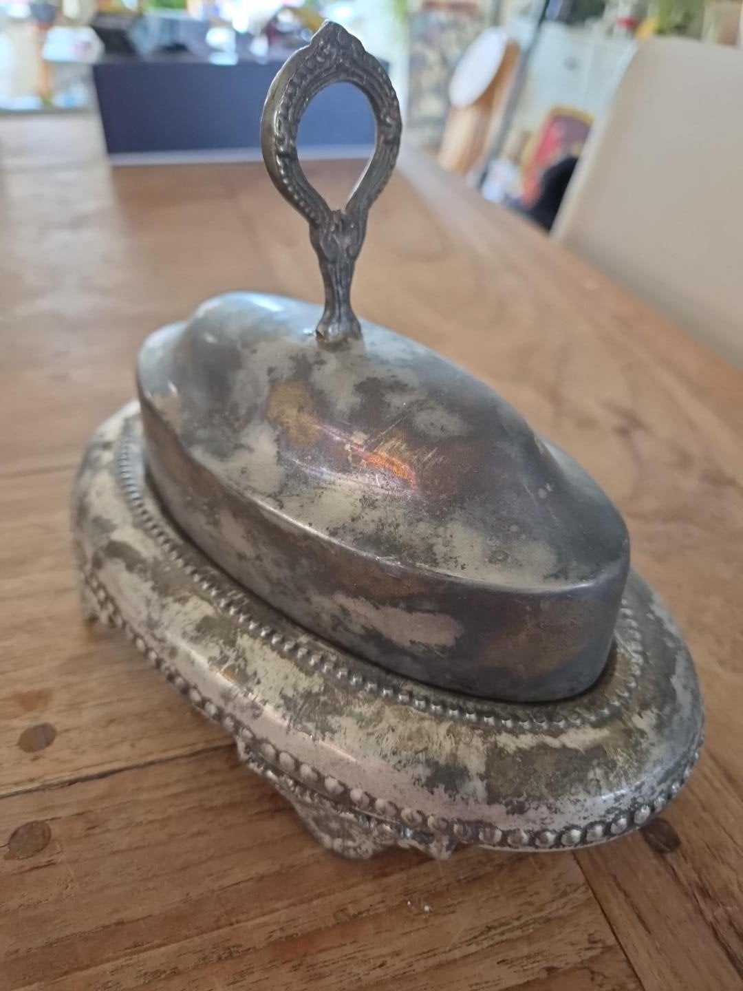 Oude verzilverde botervloot / serveerschaal met deksel, Antiek en Kunst, Ophalen of Verzenden