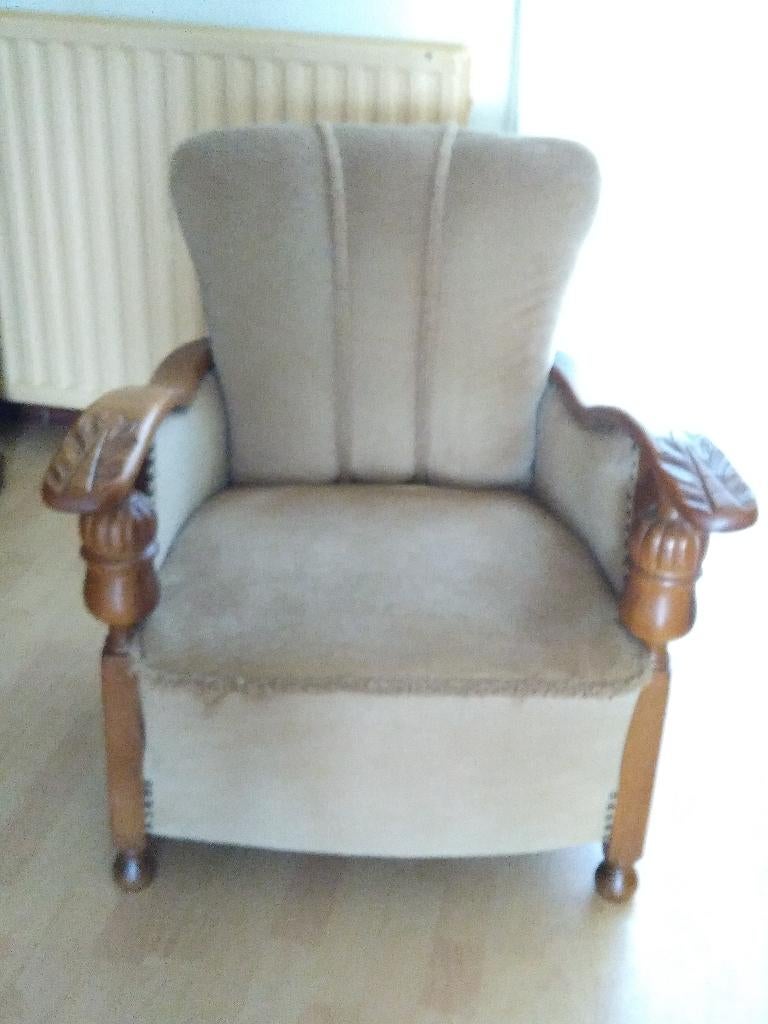 STOEL, eikenhout met velours bekleding en binnenvering, Huis en Inrichting, Stoelen, Ophalen, Gebruikt, Overige kleuren, Oma's stijl