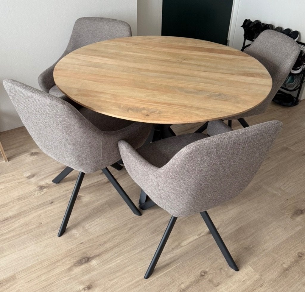 Set: Eettafel rond ø120 kruispoot + 4 stoelen Rostrup, Ophalen, Overige materialen, Rond, Zo goed als nieuw