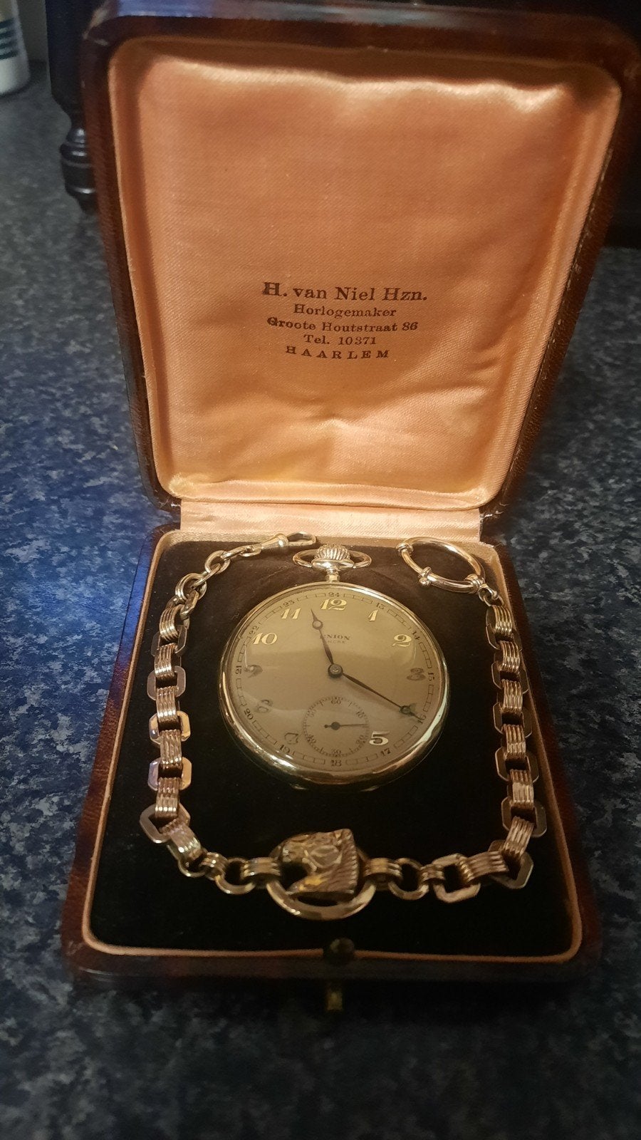 14k Gouden Union Zakhorloge met Ketting in Originele Doos, Overige merken, Zakhorloge, Ophalen of Verzenden, Met ketting
