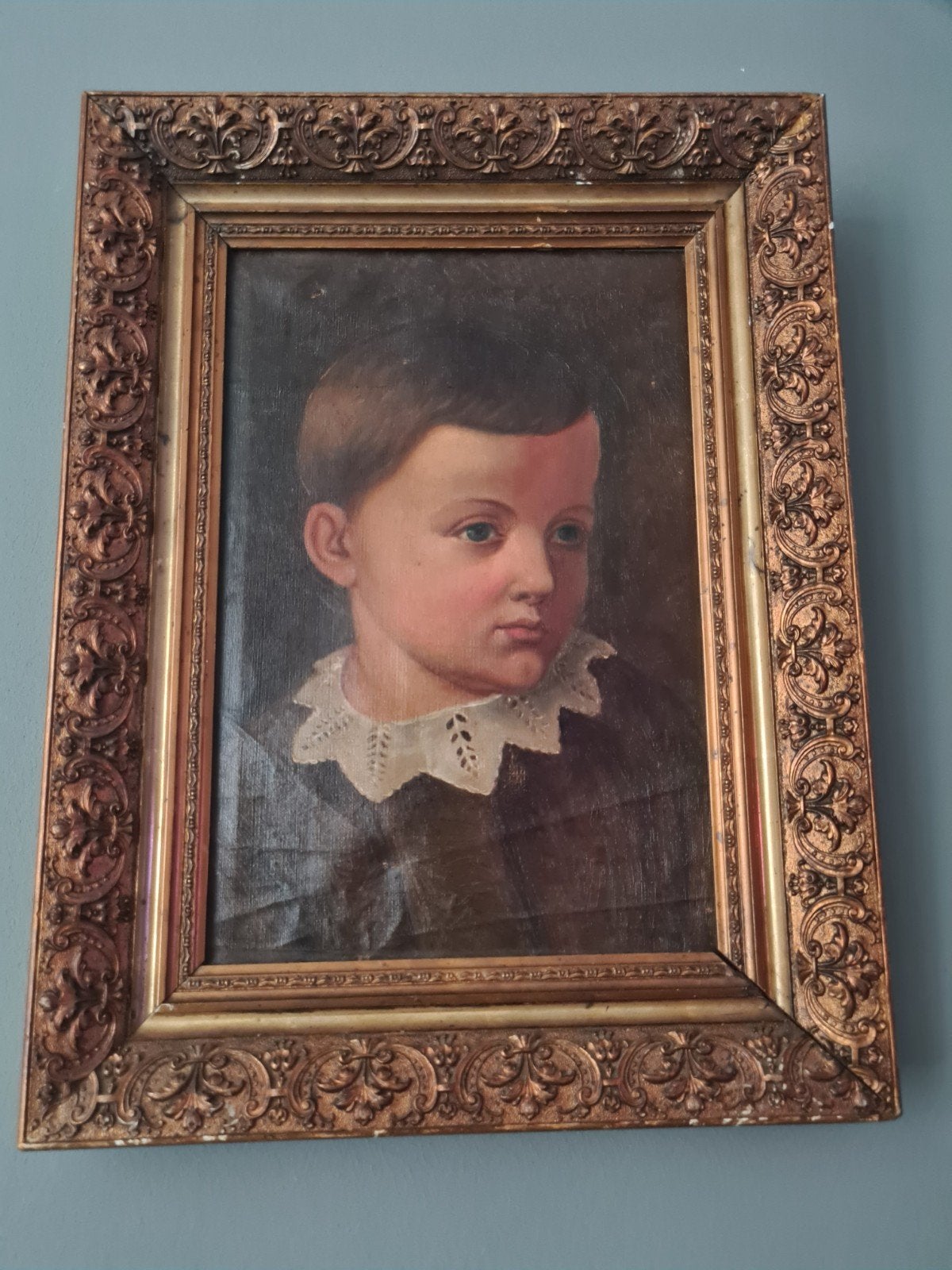 Prachtig antiek portret van jongen op doek, 35x46 cm, Antiek en Kunst, Kunst | Schilderijen | Klassiek, Ophalen, Doek, Portret of Personen