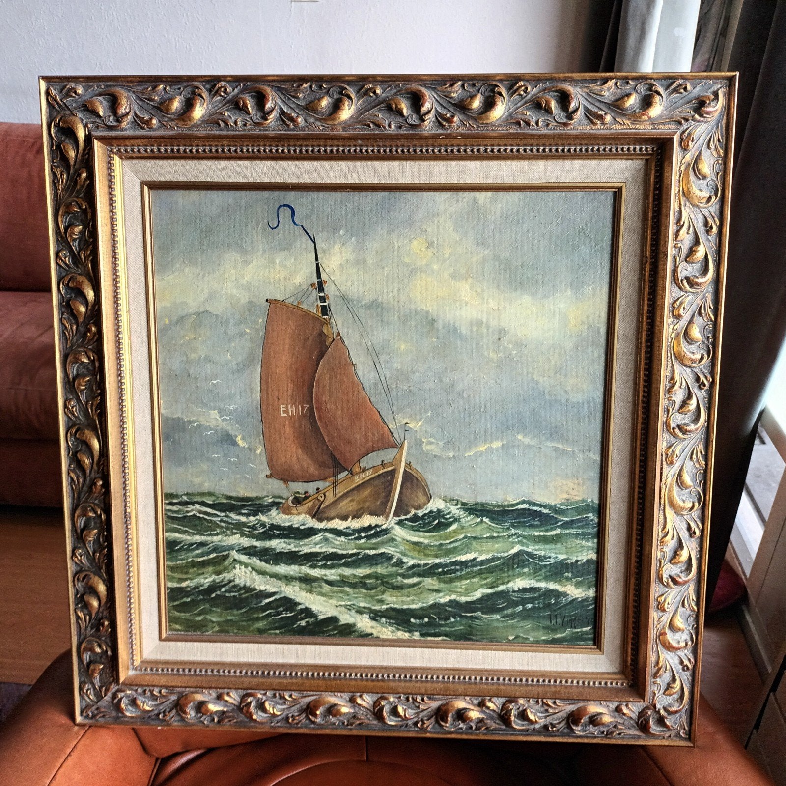 Botter op Zee, Elburg, olieverf op board, gesigneerd, Ophalen of Verzenden