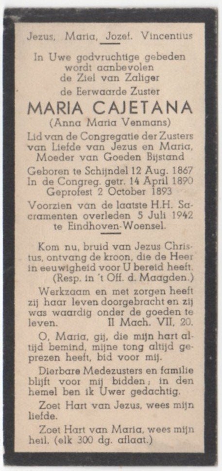 zr. Anna Maria Venmans 1867 Schijndel + 1942 Eindhoven, 74 j, Verzenden